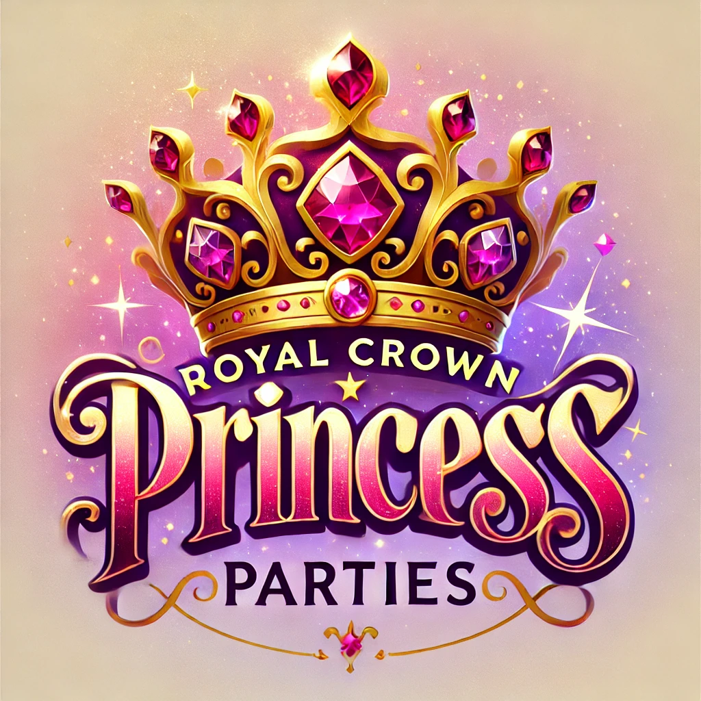 Royal Crown Princess Parties Official Logo | Enchanting Princess Party Brand Identity Royal Crown Princess Parties logo featuring an elegant golden crown adorned with pink gemstones, sparkling stars, and royal-style typography in gold and purple.