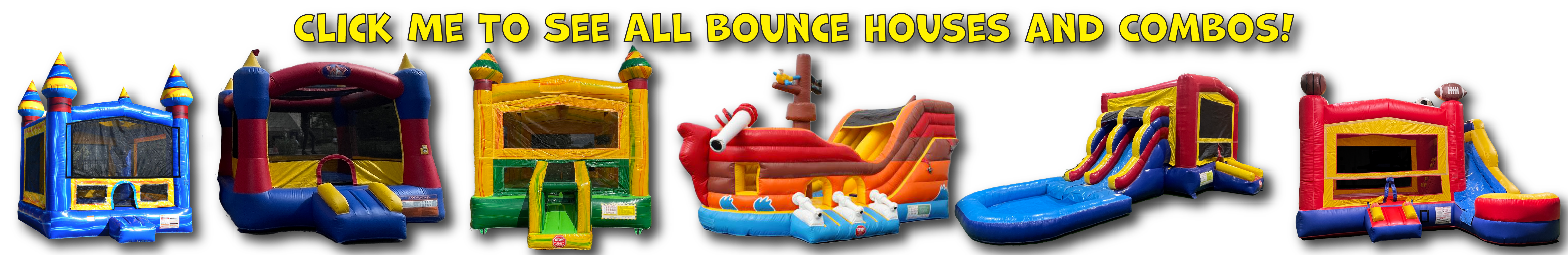 Explore Our Exciting Bounce Houses and Combos for Your Next Event! Colorful lineup of bounce houses and combos available for rental, featuring various themes and slides.